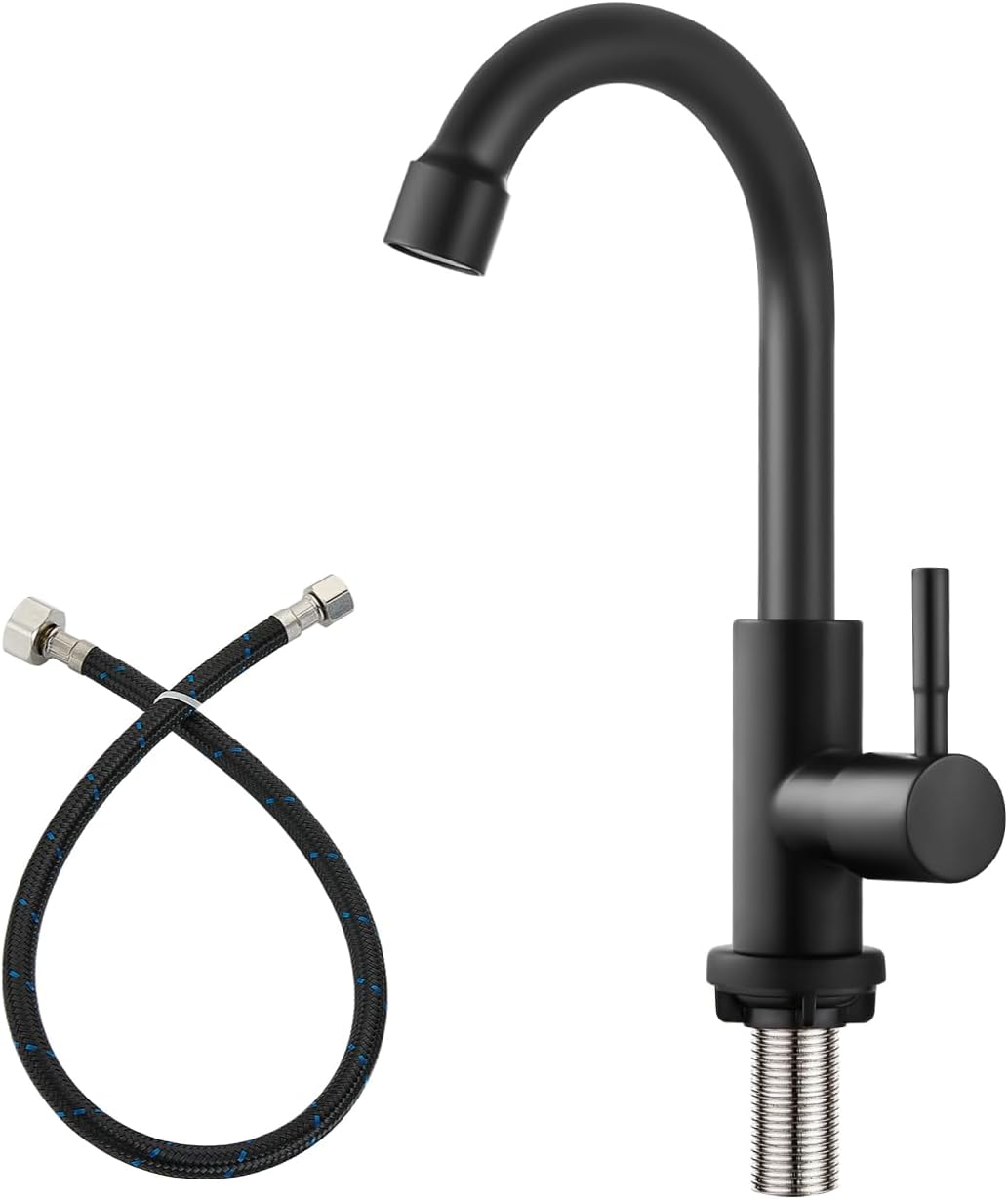 Heyalan Cold Water Only Kitchen Faucet, SUS304 Stainless Steel Bar Sink Faucet, Single Handle High Arc Gooseneck, 1 Hole Deck Mount, Matte Black, 8.3 Inch for Bar, RV, Laundry, Outdoor