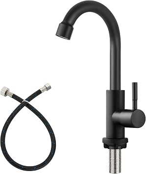 Heyalan Cold Water Only Kitchen Faucet, SUS304 Stainless Steel Bar Sink Faucet, Single Handle High Arc Gooseneck, 1 Hole Deck Mount, Matte Black, 8.3 Inch for Bar, RV, Laundry, Outdoor