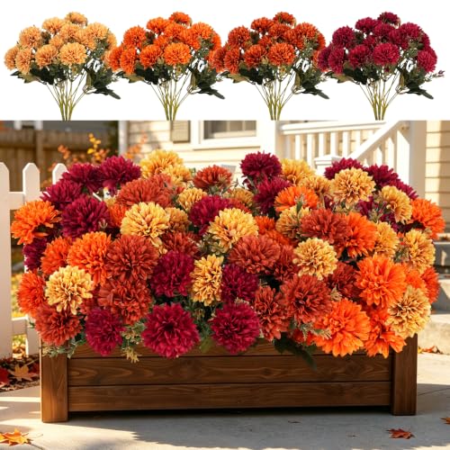 12 Pcs Fake Mums Artificial Fall Flowers for Outdoors, UV Resistant Faux Mums for Outdoor Planters Realistic Silk Chrysanthemums Fall Decoeration for Front Door Garden Patio Yard Autumn Home Decor