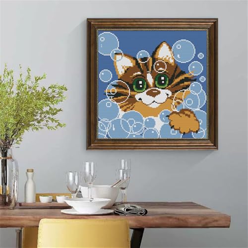 Image of JOYSEWING Cat Bathing Counted Printed Cross Stitch Kits Classic Series Stamped Embroidery Starter Sets for Beginners DIY Bathroom Decoration DMC 11CT- (Bubble Cat(11CT) 15.35 x15.35 inches)