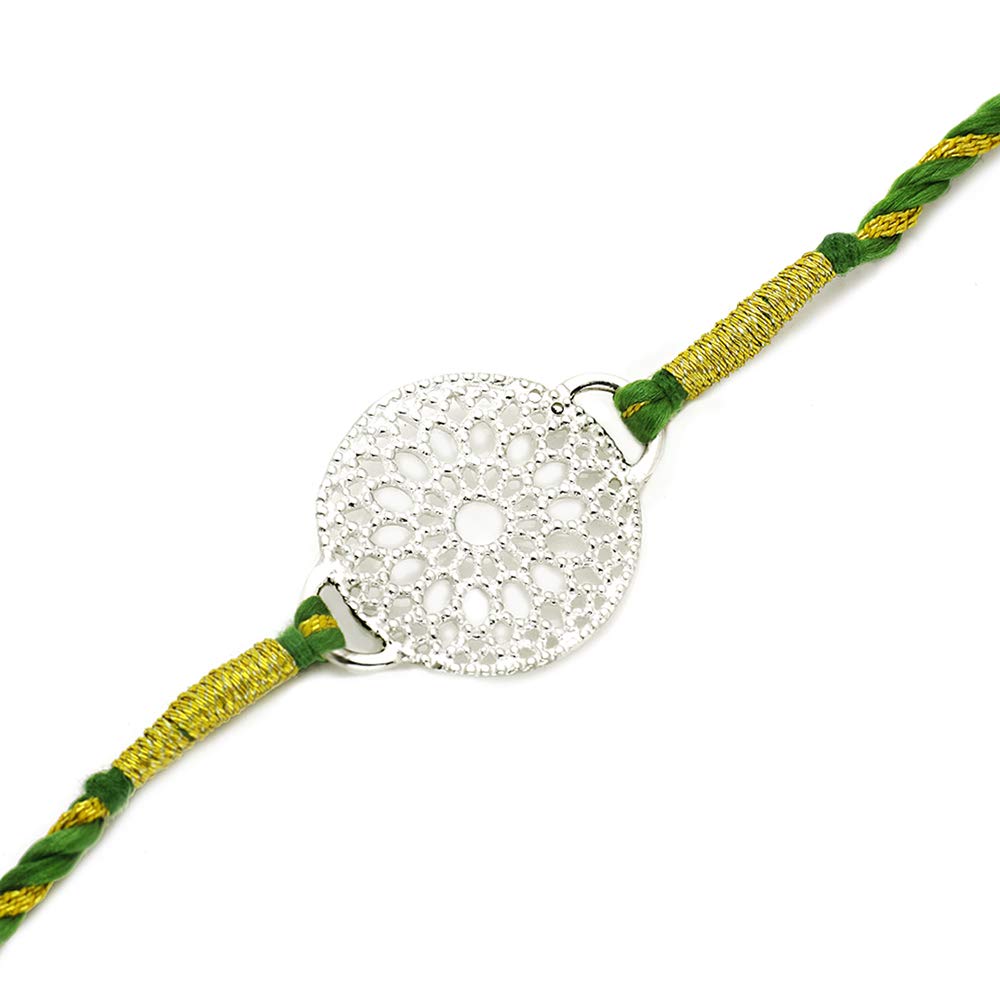 Reeva Designs Men's Precious Metal Filigree Floral Silver Rakhi with Dori (White)