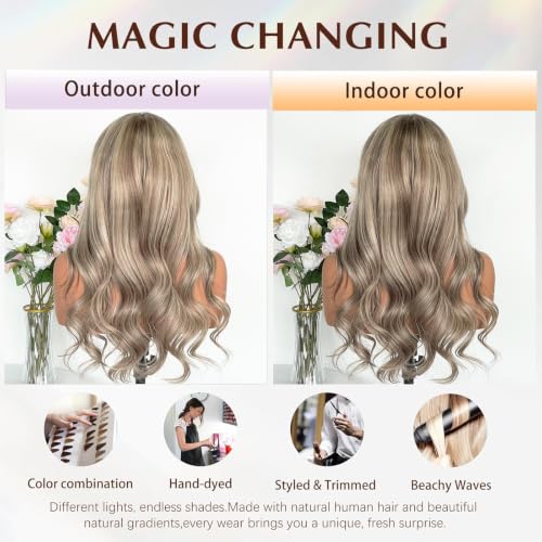 Image of Ash Blonde Highlight Wave Glueless Lace Front Wig 13x4 24in 220% | 100% Remy Human Hair, UHD Transparent Lace, Salon Dyed Highlight Color, Glueless Adjustable Cap, Daily Party Club