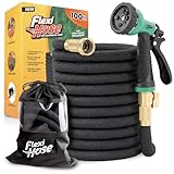Flexi Hose Plus Expandable Garden Hose with 8 Function Nozzle, 100FT - Lightweight Retractable Garden Hose, Water Hose - No-Kink Flexibility, 3/4 Inch Solid Brass Fittings Includes Hook & Bag