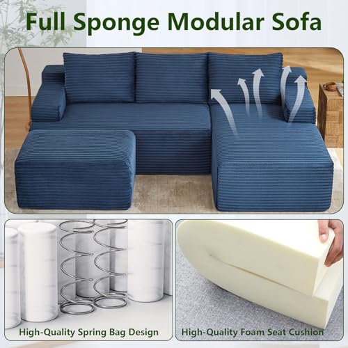 Image of 96.1 inch Modular Sectional Sofa with Ottoman, Modern Corduroy Cloud Couch, Boneless Couch Upholstered 3-Seater U-Shaped Sofa for Living Room, No Assembly (Blue, Right-Facing Chaise)