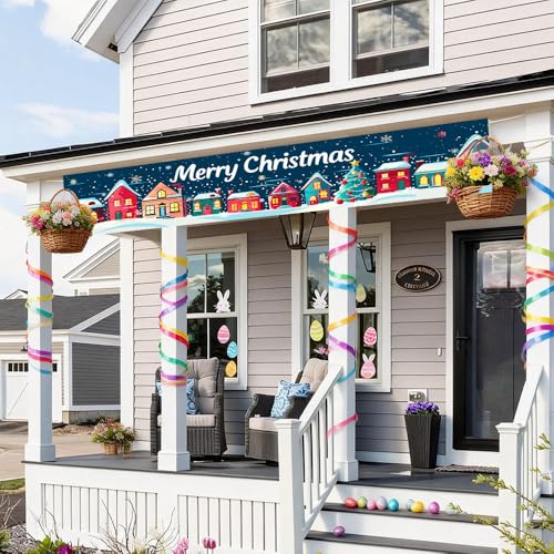 Image of Christmas Village Banner 78.7 x 17.7 Inch Snowy Town Scene with Colorful Houses and Tree Design Holiday Decoration for Yard Garden Fence Porch Patio Wall or Outdoor Display Perfect for Winter Celebration Decor
