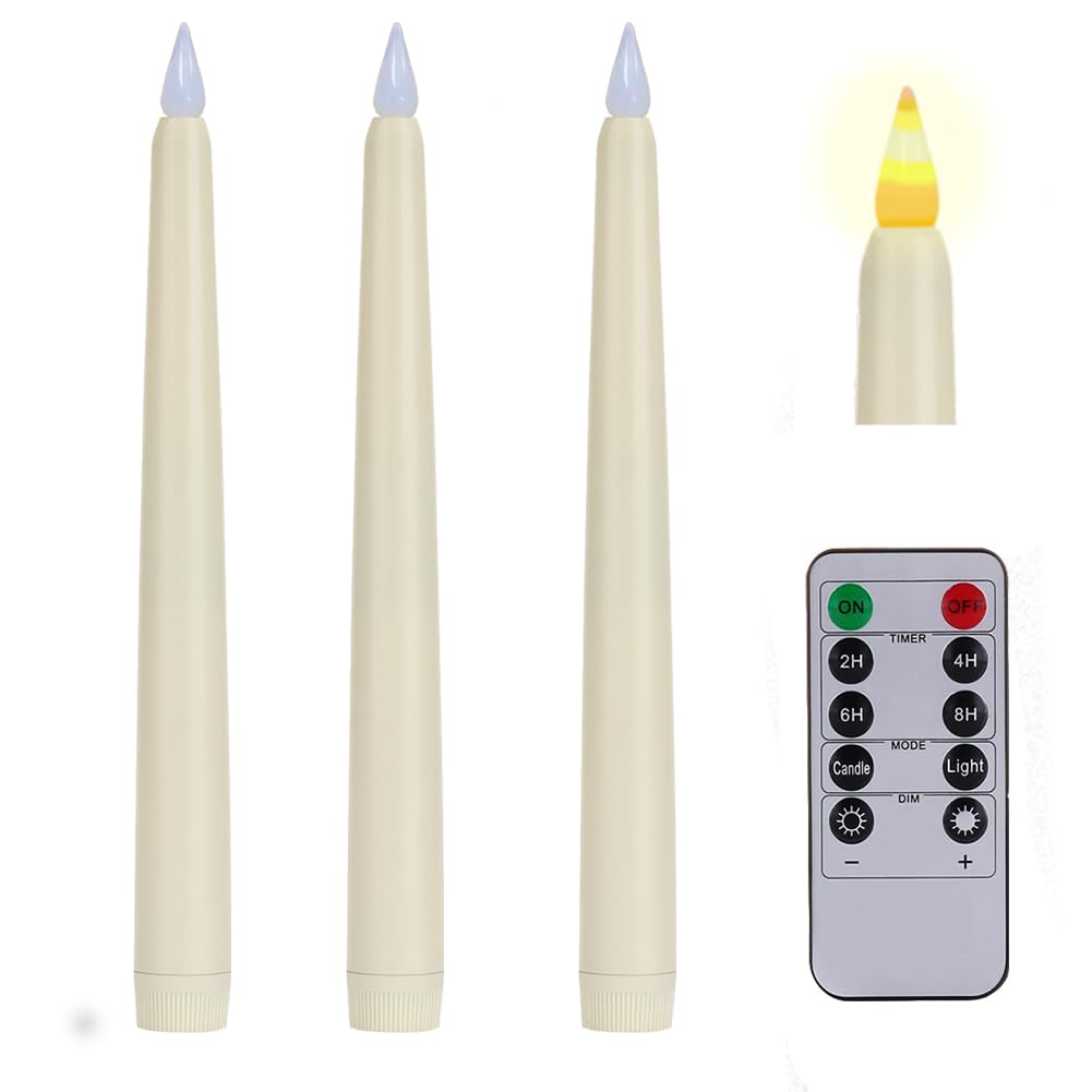 Flameless Taper Candles with Remote Control and Timer, Battery Operated LED Candlesticks with Flickering 3D Flame, 9.6×0.8 Inches Plastic Fake Candles for Christmas, Wedding and Home Decor (Ivory, 3)