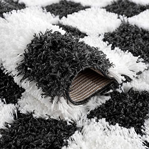 Hauteloom Atira Checkered Shag Runner Rug - Checkboard Design - High Pile Fluffy Shaggy Touch - Square Tiles - Kids Room, Hallway, Bedroom Shag - Black, White - 2'7" X 7'3" #TOP7