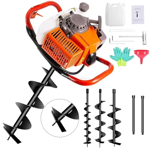 Image of 72cc Post Hole Digger 2-Stroke Petrol Gas Powered Earth Digger with 3 Auger Drill Bits (3 inch 5 inch & 8 inch) + 2 Extension Rods(24 inch & 24 inch) for Farm Garden Plant