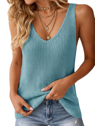 Image of Tutorutor Womens V Neck Sweater Tank Tops Summer Crochet Knit Vest Top