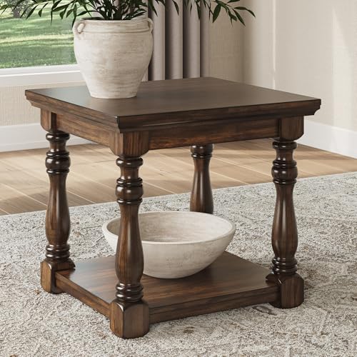 Image of Signature Design by Ashley Sturlayne End Table, Traditional Rectangular Accent Table with Storage Lower Shelf, Hardwood Solids, Veneers, and MDF Substrates, for Living Room Couch, Dark Brown
