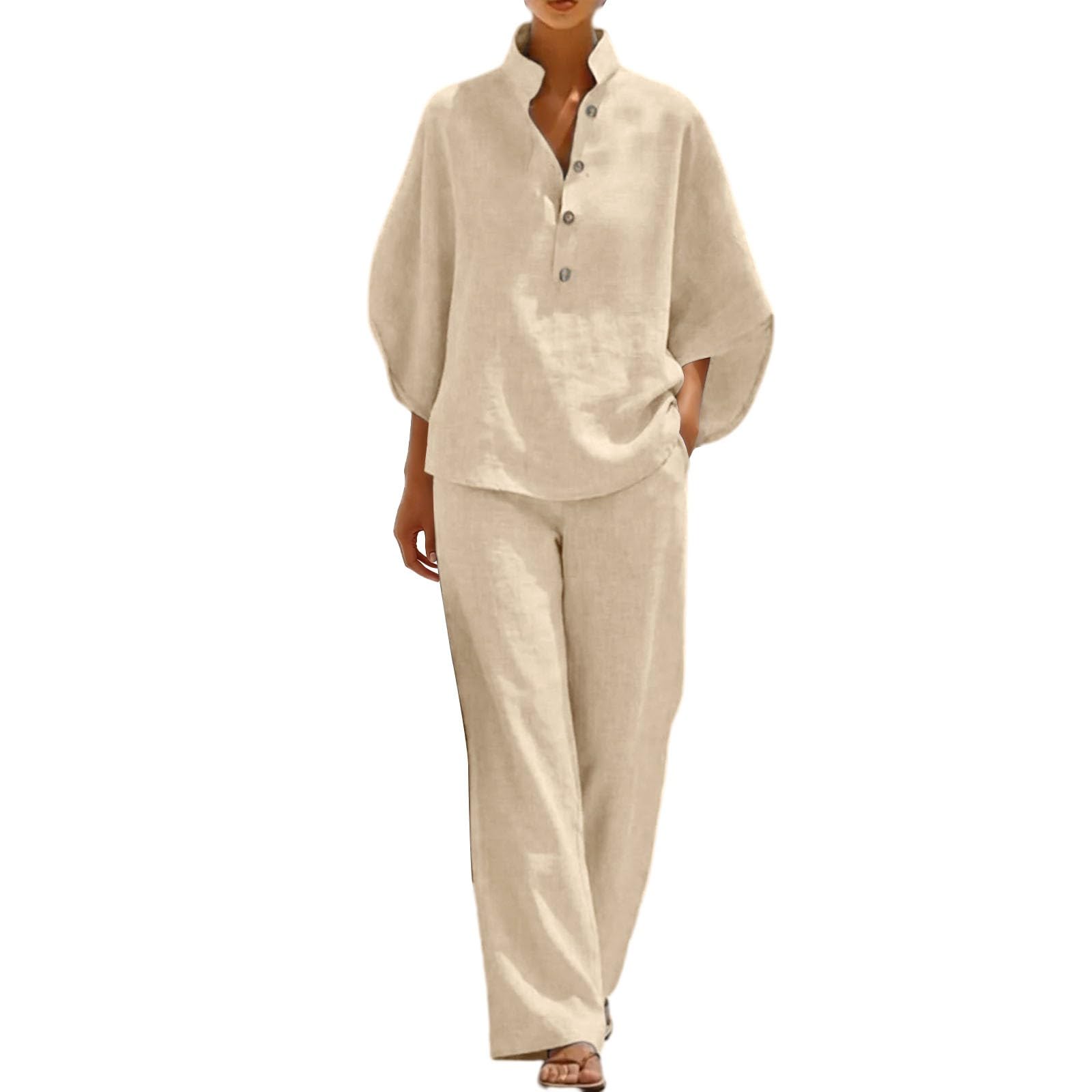 Ensemble pour femme élégant d'été Curvy coton lin costume d'été complet 2 pièces chemise + pantalon ample combinaisons d'été grande taille confortable ensemble coordonnées d'été décontracté complet