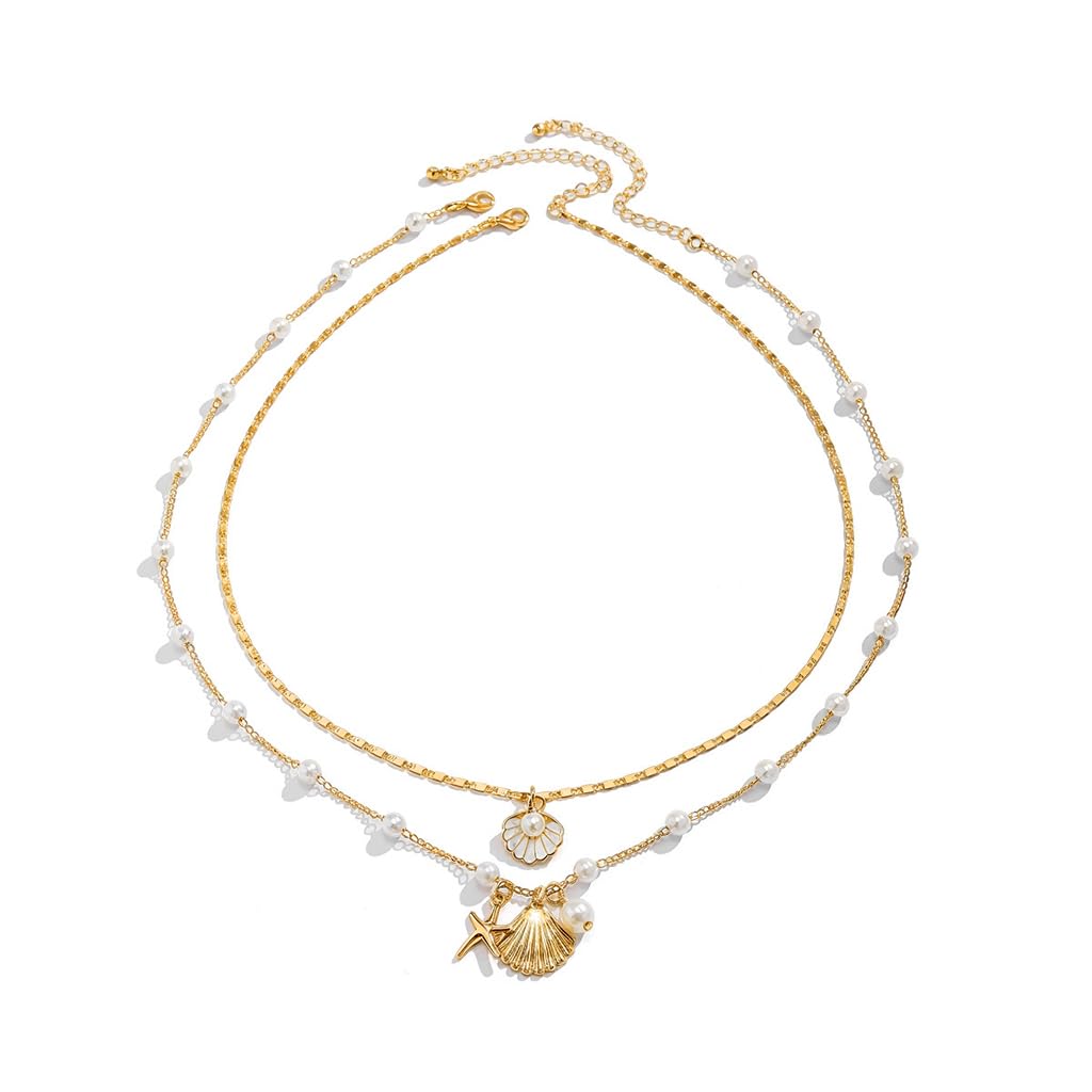 SANNIDHI® Necklace for Women Girls 2Pcs Boho Gold Seashell Pendant Necklaces Layered Pearl Starfish Necklace Chains Beach Jewelry Gift Item for Women