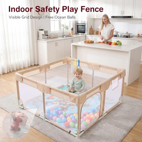 Image of Kidirect Baby Playpen with Play Mat 47x47 - Small Playpen for Babies & Toddlers, Activity Center, Indoor Outdoor, Beige