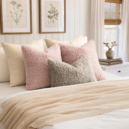 Image of Foindtower Set of 2 Curly Teddy Wool Pillow Covers Decorative Boucle Textured Lumbar Throw Pillow Faux Fur Sherpa Pillowcases Sheepskin Fuzzy Cushion Case for Sofa Bedroom Car 12 inchx20 inch Light Grey