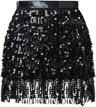 Monbessi Sequin Skirt for Women Cute Tassel Belly Dance Skirt Glitter Skirt for Women and Girls Festival Dance Performance