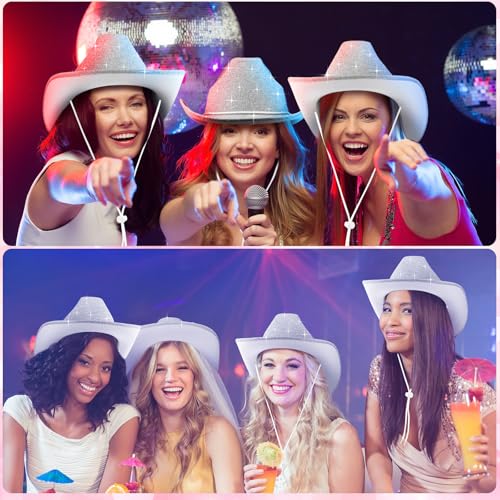 Image of Coume 12 Pcs Sparkly Adults Cowboy Hat and Bandanas Women Men Western Glitter Cowgirl Party Hats with Adjustable Drawstring