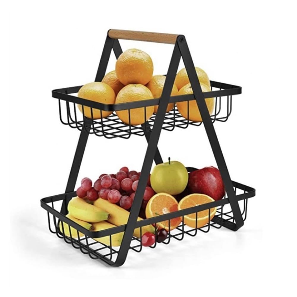 Cesta de frutas de metal de 2 niveles, estante de almacenamiento portátil para frutas y verduras, elegante soporte de cocina para el hogar y el comedor