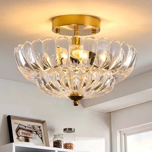 SHBEILOU Gold Semi Flush Mount Ceiling Light, 12" Crystal Glass
