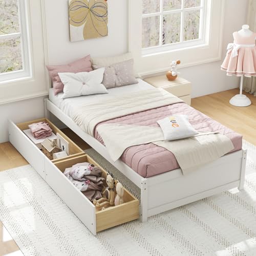 Giantex Twin Bed Frame with 2 Storage Drawers, Solid Wood Platform Bed with Slats Support, Heavy Duty Daybed with Storage, No Box Spring Needed, Twin Bed Frames for Kids Teens Adults Guests (White)