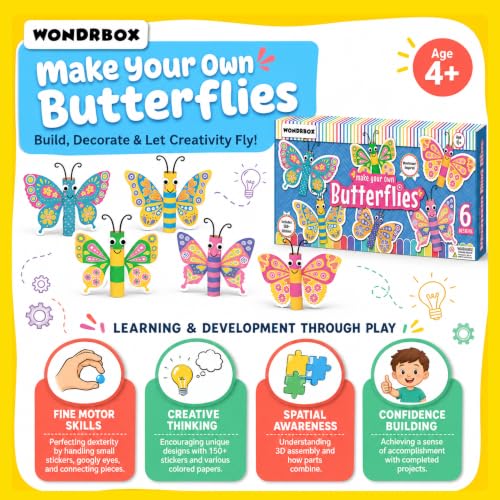 Image of WONDRBOX Butterfly Making Craft Kit for Kids | DIY Arts and Crafts Kit for Girls & Boys Ages 5-12 Years Old | Includes 6 Butterfly Cutouts & 150+ Colorful Stickers | Creative Educational Learning Toy & Birthday Gift