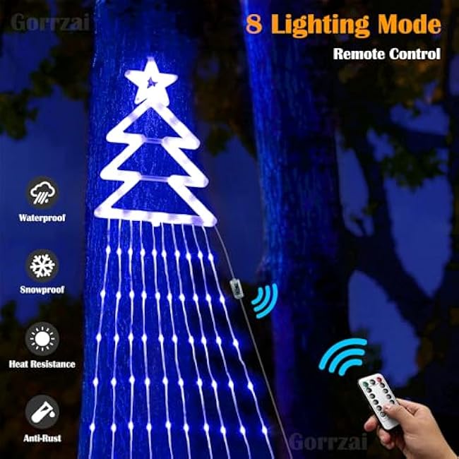 Outdoor Christmas Decorations Star String Lights 420 LED Waterproof Waterfall Lights with Christmas Tree Topper, 8 Lighting Modes Tree for Yard Patio Garden Party (Blue)