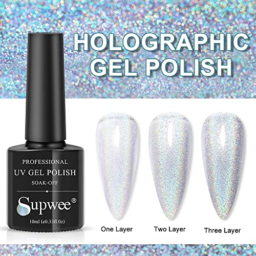 Supwee Universal Holographic Gel Polish Silver Glitter Nail Polish Gel Laser Nail Gel Polish Glossy Iridescent Mermaid Effect Varnish Soak Off Uv Gel Nail Art For Nail Salon 10Ml(0.33Fl.oz) #TOP1