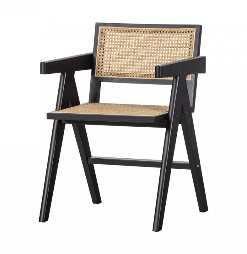 Image of Solid Teak Wooden Handcarved Rattan Arm Chair | Loung Chair with Arm Rest and Back Support | Dining Chair for Living Room, Hall and Office (Black Finish) | 50D x 50W x 90H CM