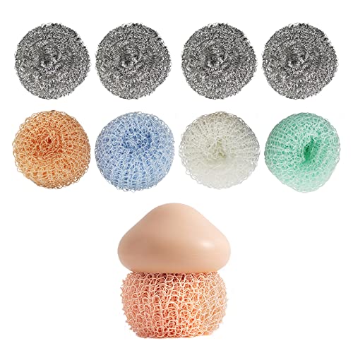 XTUDOU 9 unidades de estropajos de acero inoxidable y bola de limpieza con 1 mango de plástico para limpiar ollas, sartenes y platos Cover