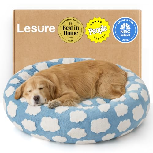 Image of LE SURE Shown on TV Donut Dog Beds Extra Large Sized Dog - Round Pet Beds for Calming Puppy with Washable Cover, Orthopedic Modern Beds with Jacquard Shaggy Plush & Anti Slip Bottom, 42 Inch,Blue