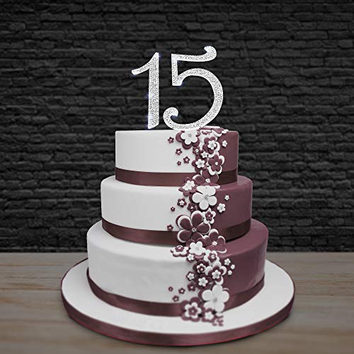 15 Cake Topper, 15th Happy Birthday, Anniversary, Vow Renewal, Crystal Rhinestones on Silver Metal, Party Decorations, Favors - Thumbnail 6