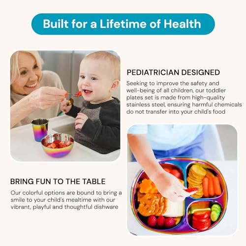 Ahimsa-Stainless-Steel-Dinnerware-Set-9-Piece-Dine-Develop-Set-Pediatrician-Designed-Toddler-Dinner-Set-100-BPA-Free-Dishwasher-Safe-Kids-Stainless-Steel-Plates-and-Bowls-Rainbow