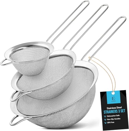 ELEEN Premium Stainless Steel Fine Mesh Strainers for Kitchen 3-Piece Set with Non-Slip Handle, Small, Medium & Large Sieves, Colanders and Sifter for Sifting, Straining, Pastas Tea, Rice Vegetables