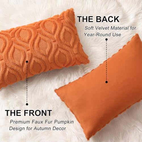 Image of decorUhome Fall Throw Pillow Covers 12x20 Inch Set of 2, Soft Plush Faux Wool Orange Solid Couch Pillow Covers, Accent Farmhouse Neutral Rectangle Pillow Cases for Sofa Bed Living Room