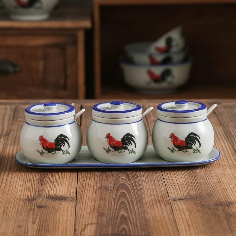 Seasoning Jar with Lid Spoon Retro Ceramic Rooster Kitchen Salt and Monosodium Glutamate Seasoning Jar Household Sugar Shaker