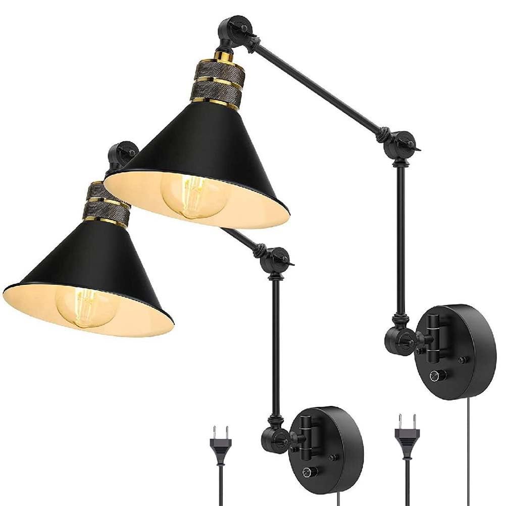 AoLa Schwenkarm Wandleuchten Dimmbar mit Schalter, Innen Vintage Wandlampe mit Stecker und Kabel E27 Verstellbare Lange Arm Nachttischlampe Retro Industrial Schwarz Kegel Lampenschirm Leselampe,2pack