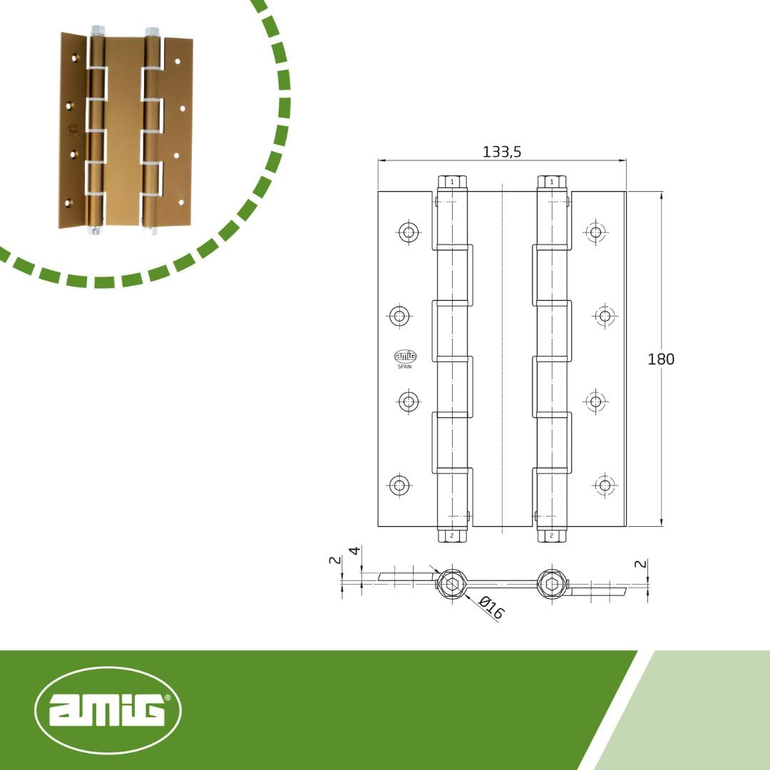 Amig - Charnière double action | 180 x 133 x 4 mm | Chants carrés | Verrouillage automatique et régulation de la puissance | Clé Allen incluse | Portes avec épaisseur maximale de 35 mm | Aluminium