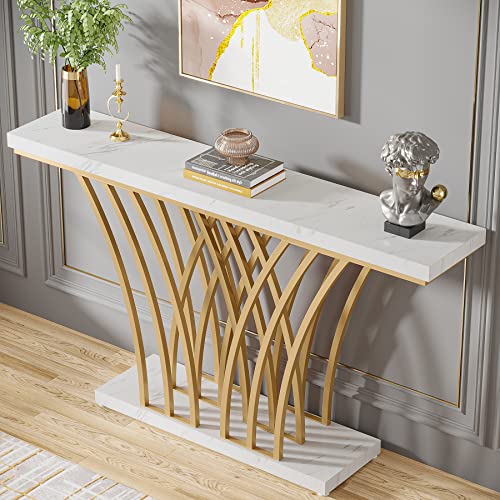Tribesigns 59 inch Gold Console Table, Modern Entryway Table with Grid-Shaped Metal Base for Entrance, Hallway, Entryway, Living Room(White Faux Marble & Gold) - Image 6