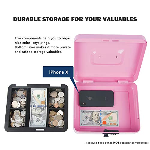 Image of Kyodoled Large Cash Box with Combination Lock,Safe Metal Money Box with Money Tray for Security Lock Box 9.84 inchx 7.87 inchx 3.54 inch Pink Large