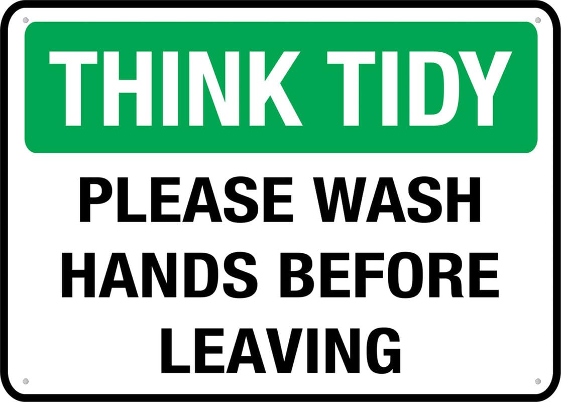 peiyeety Metal Tin Sign Think Tidy Please Wash Hands Before Leaving Safety Sign, Metal Vintage Wall Art for Public Building Workplace Commercial Facility Community Space, Outdoor Indoor Use, 6x8 Inch