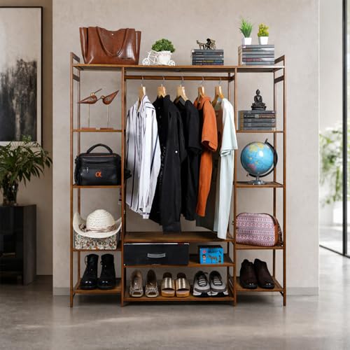 Image of LEOPAX Natural Bamboo Multipurpose 3 Layer Clothing Garment Rack Free Standing Clothes Coat Hanger, Portable Wardrobe Closet Organizer (Size - 140x30x150cm)