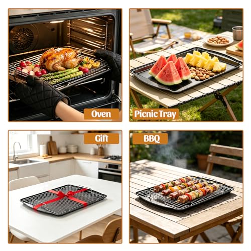 Image of 17.3 inch Large Baking Sheet with Rack & Glove, Carbon Steel Cookie Sheets for Baking, Nonstick Heavy Duty, Dishwasher Safe, Easy Clean, Dark Gray