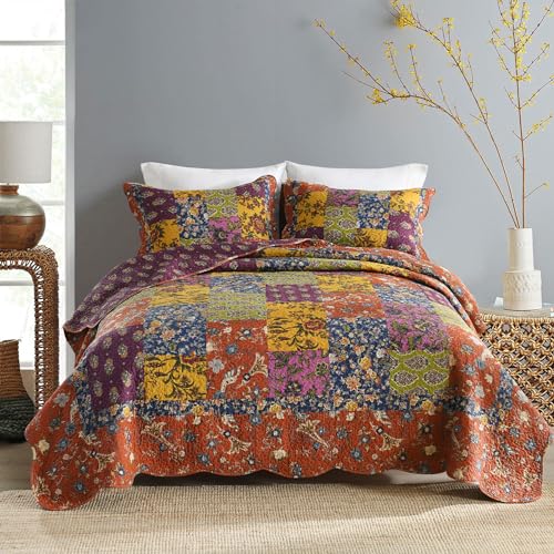 Secgo Queen Comforter Set for Bed - 100% Cotton Quilts Queen Size, Black Bedspreads (90 * 98 Inch) with 2 Pillow Shams, Patchwork Reversible Lightweight Bedding