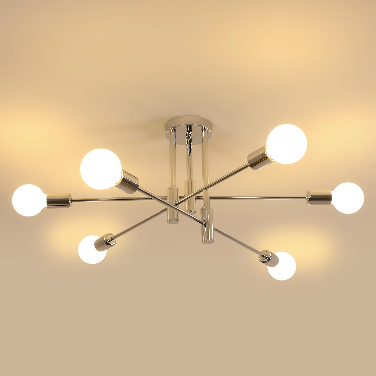 Riserva Ceiling Light Modern, 6 Lights Sputnik Ceiling Light Chrome, E27 Chandelier Industrial Metal for Bedroom, Dining Room, Living Room, Kitchen, Hotel