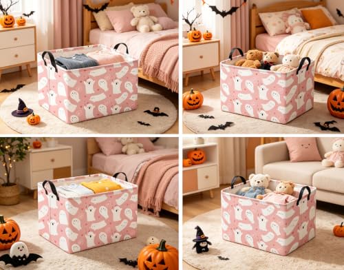 Image of Halloween Basket Cute Baskets for Kids Pumpkin Basket Rectangular Storage Bin Organizer Box Room Decor(Pink Singing Ghost)