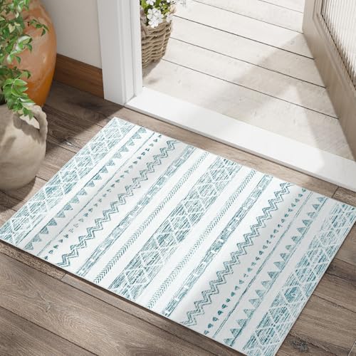 jinchan 2x3 Area Rug Washable Boho Tribal Geometric Entryway Rug, Mist Blue