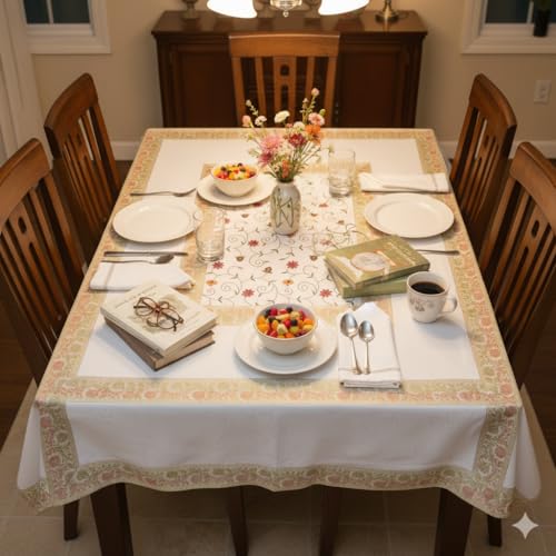 Image of New Year Room Decor Embroidery Brocade Silk Table Cover for Centre & Dinning Table and 4 & 6 Seater Dining Table /Tablecloth, (50 By 50 Inches) (White)