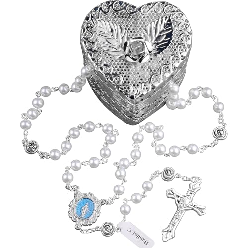 HanlinCC 6mm Glass Pearl Beads Catholic Rosary Necklace with Metal Heart Rose Gift Box