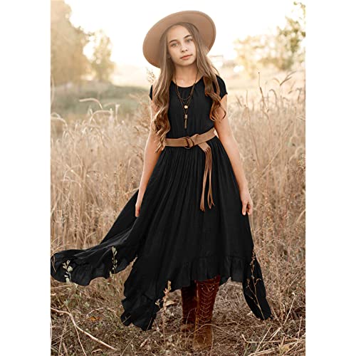 sfdgfhyf 7-12Y Girls Dresses Vintage Rockabilly Sleeve Retro Dresses Girls Party Swing Solid Irregular Dresses Short Dress (c-Black, 9-10 Years)2