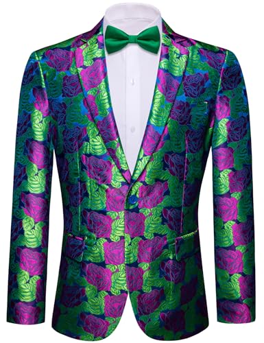 Image of Barry.Wang Mens Flowers Blazer Suit Jacket Floral Jacquard Notched Lapel Tuxedo Casual Sport Coat Disco Prom Wedding Party