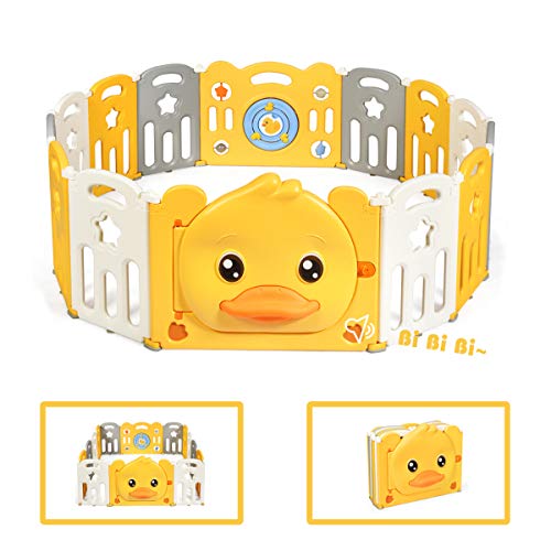 COSTWAY Parc Bébé en Plastique Pliable avec Grande Porte Barrière d’Enfant avec Mignon Motif de Canard Jaune en HDPE sans BPA, 12/14/16 Panneaux
